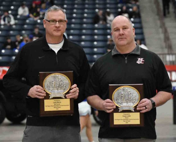 Several current and former Harlan Countians were among those selected to the 13th Region Basketball Hall of Fame on Monday during halftime of the regional championship game at The Corbin Arena, including Lewis Morris (left) and Casey Lester.