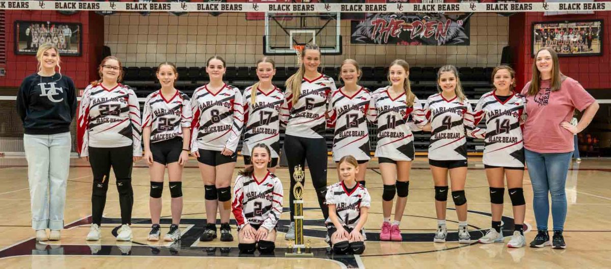 Harlan County Combined won the middle school county volleyball title on Saturday with victories over Rosspoint and Cumberland. Team members include, from left, front row: coach Chelsey Noe, Campbell Thompson, Madison Barrett and coach Matessa Cox; back row: Jameson Gilbert, Abigail Shepherd, Kaylynn Howard, Braylie Wilson, Lia-Kate Carter, Brylie Wilson, Addy Cochran, Brooke Epperson and Cidda Middleton.