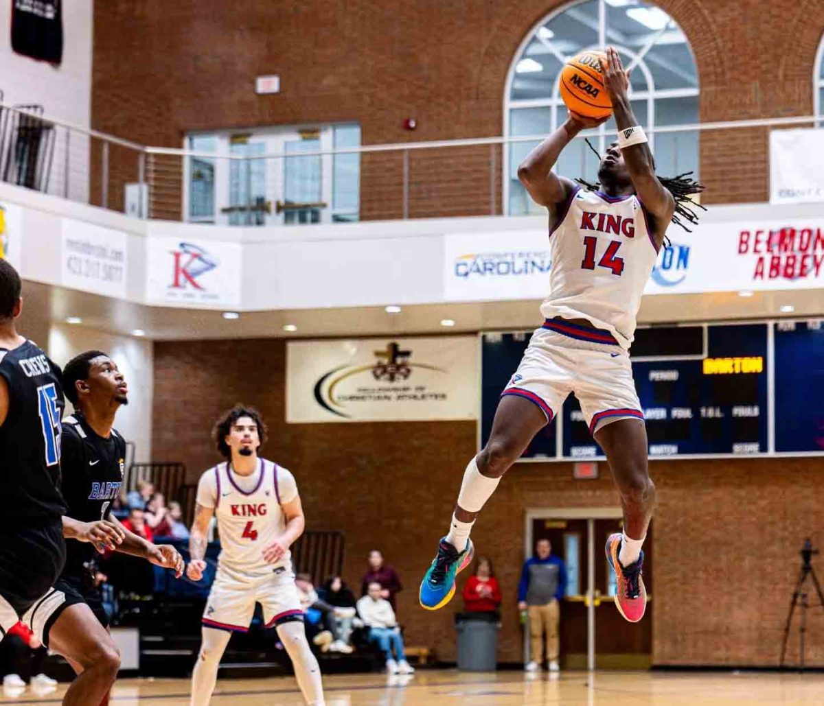 King University guard Jordan Akal, pictured in action earlier this season, scored 35 points Monday in a 97-85 win over Erskine in the opening round of the Conference Carolinas Tournament.