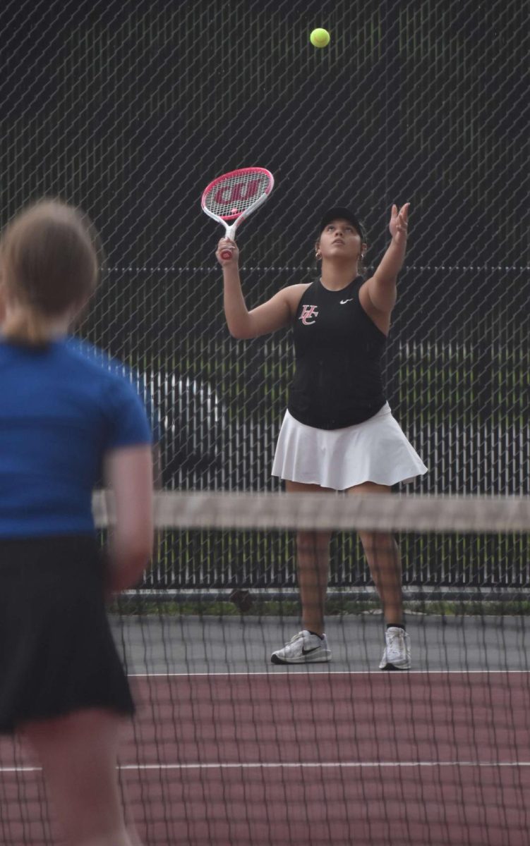 Alley Stewart returned a shot in action from the 13th Region Tournament on Tuesday. Stewart and Addison Fields teamed to win a doubles match as HCHS advanced with a 5-0 victory.