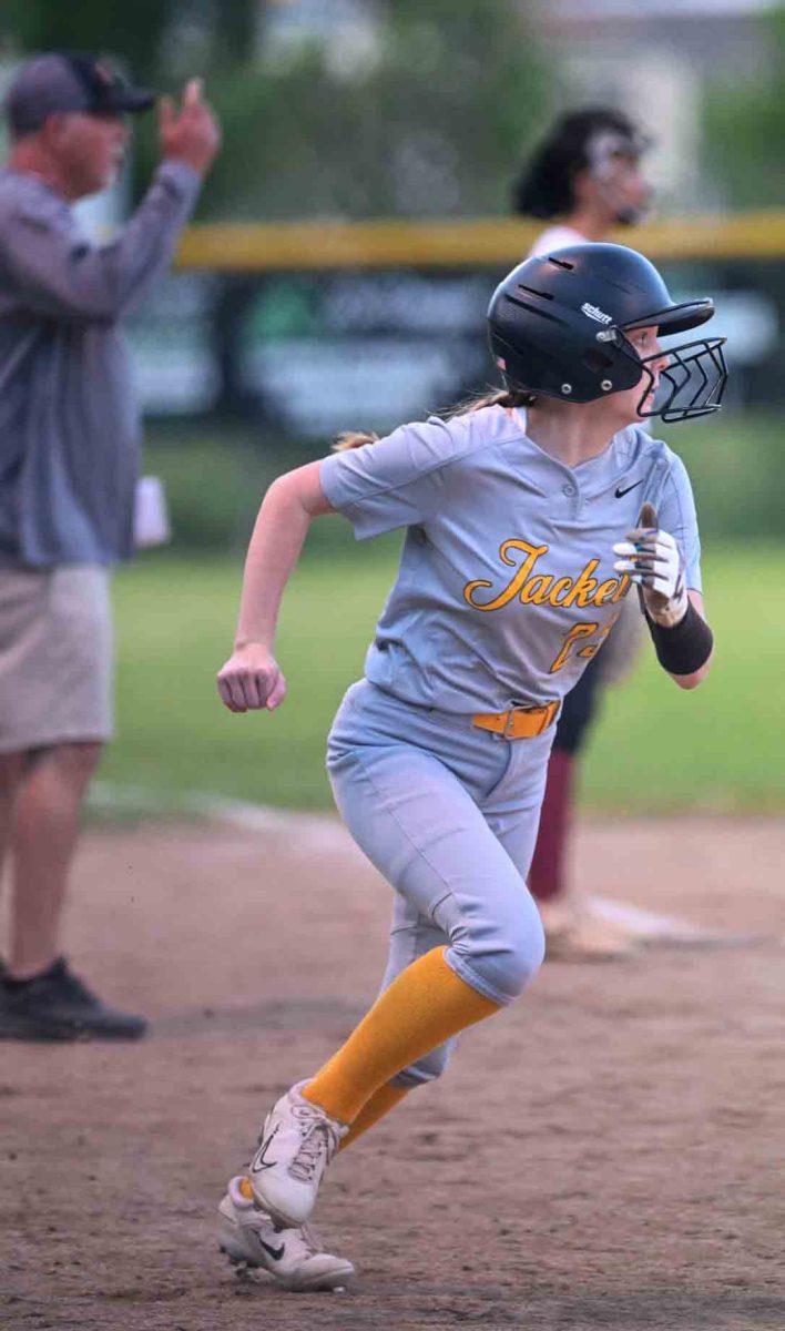 Middlesboro's Addison Seigler rounded third on her way to scoring the Lady Jackets' only run in a 7-1 loss to Harlan County in the 52nd District Tournament.