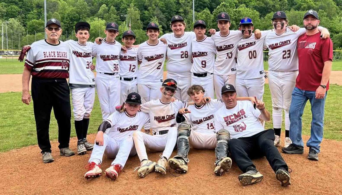 Harlan County edged Harlan 10-9 to win the Upper Cumberland Middle School Baseball Conference title on Saturday at Leslie County. Team members include, front row, from left: front row: Grant Caldwell, Logan Mills, Hunter Coker and coach Walt Kelly; back row: coach David Evans, Myles Jenkins, Gabriel Helton, Hayden Stewart, Jackson Mackowiak, Win Cooper, Landon Coldiron, Andrew Vance, Carter Caldwell, Bryson Kelly and coach Phillip Coker.