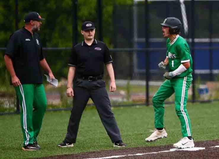 Harlan's Baylor Varner celebrated after his three-run double in the second inning of the 13th Region Tournament semifinals. Whitley County pulled away for an 11-4 victory.