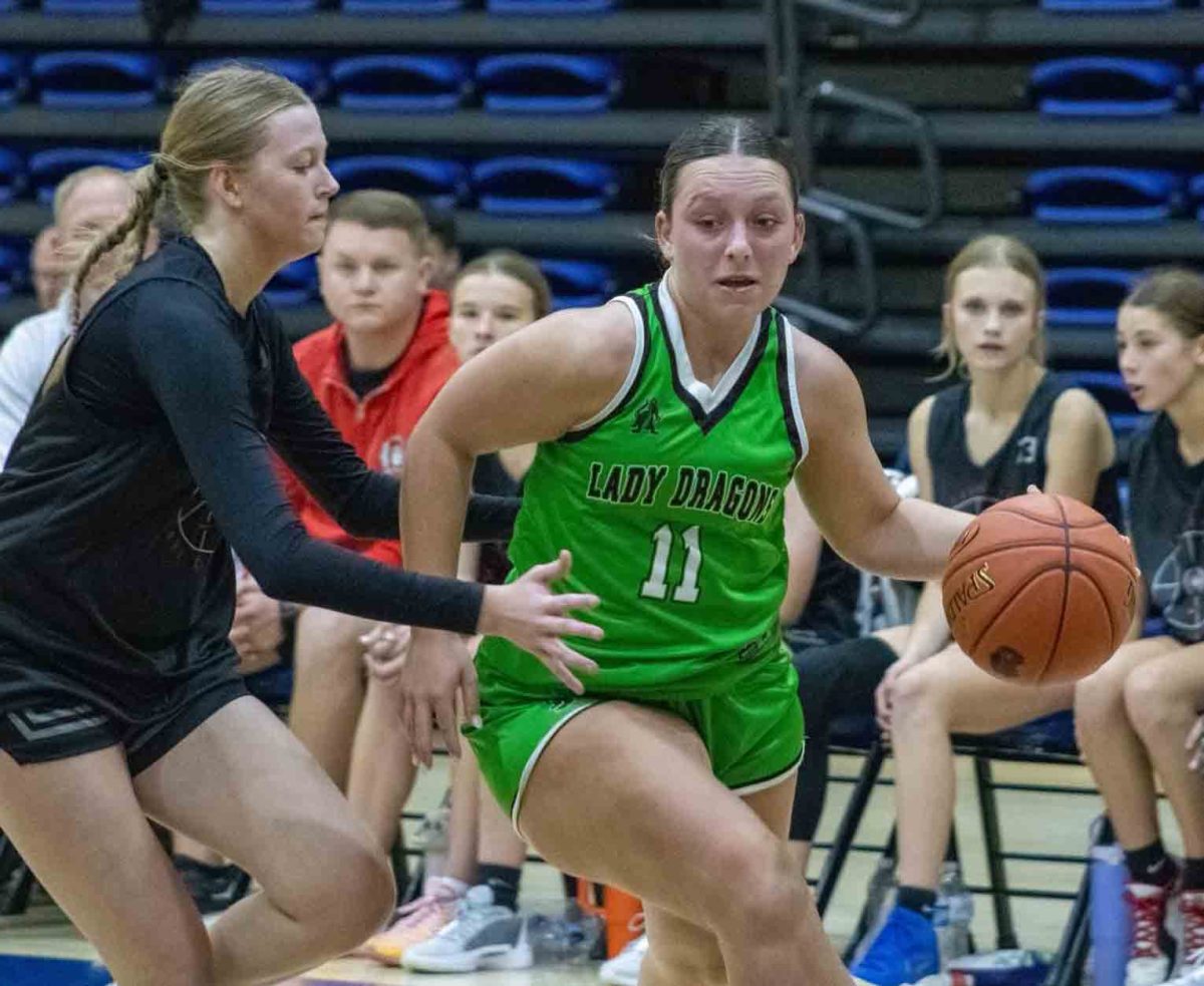 Harlan sophomore guard Addison Campbell worked to the basket in action from the UVA-Wise Team Camp last week. The Lady Dragons split four scrimmages.