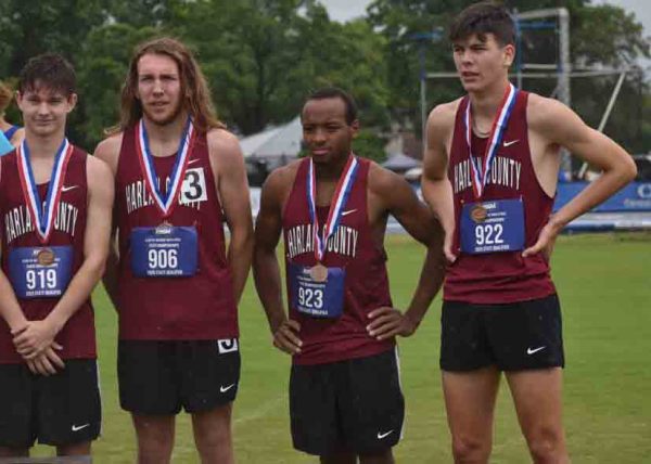 Harlan County's Elijah Moore, Kaden Boggs, Jacob Schwenke and Caleb Schwenke finished seventh in the 4 x 800-meter relay at the 2A state track meet on Friday.
