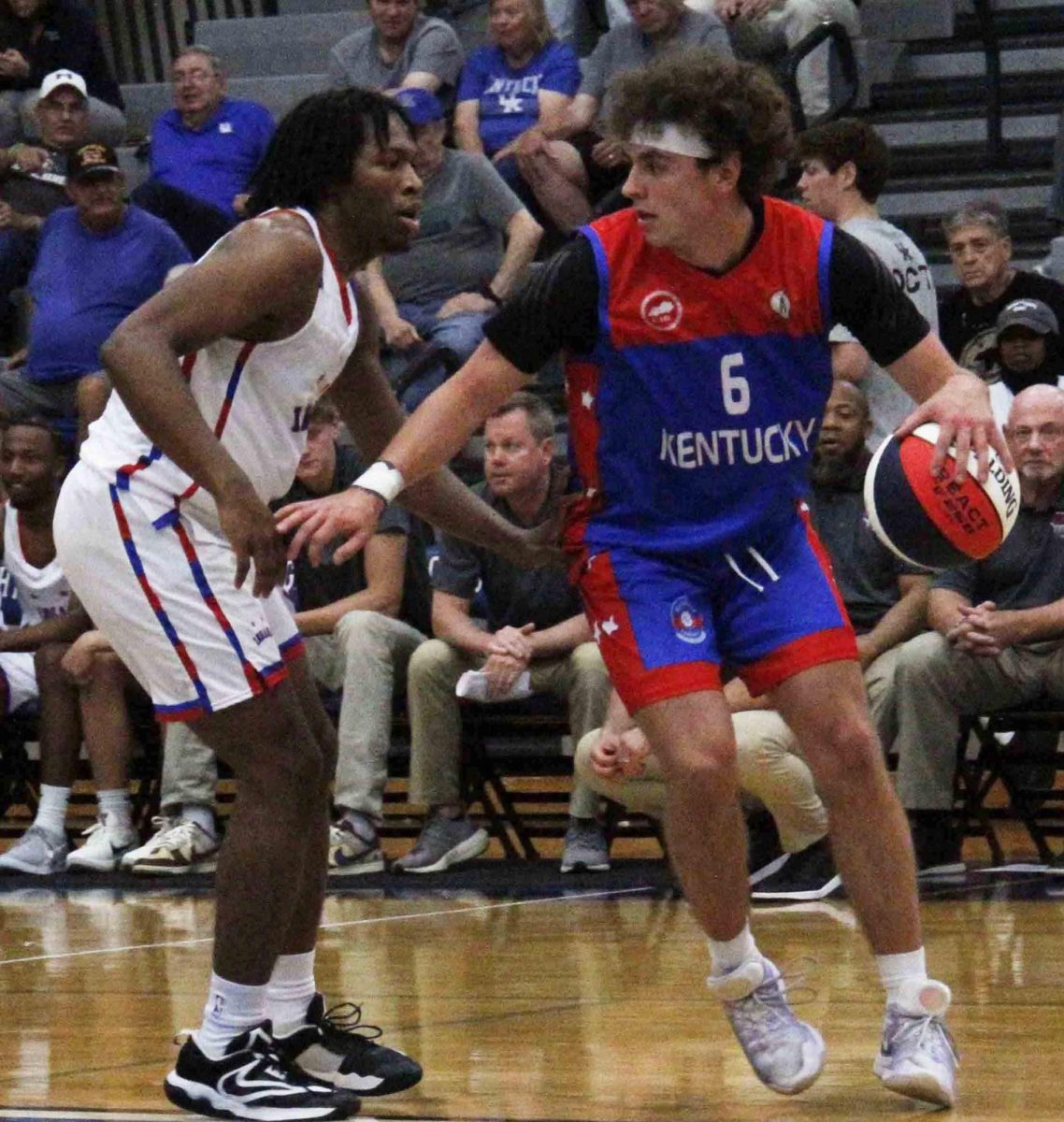 Maddox Huff worked against an Indiana defender on Friday in the Kentucky-Indiana All-Star Game in Lexington. Huff led the Kentucky All-Stars in scoring and assists in the two-game series.