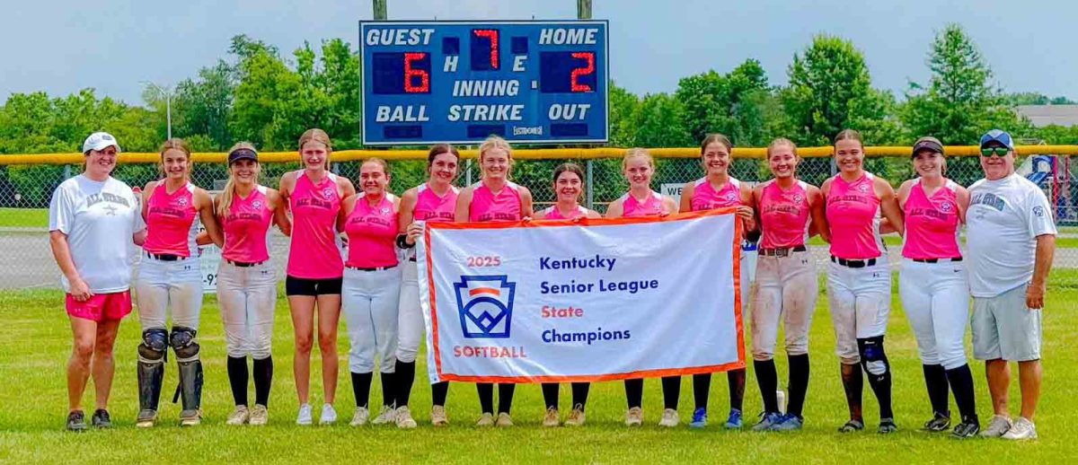 The MPB All Stars captured a second straight state title by winning two of three games over the weekend against Adair County at Lawrenceburg. Team members include, from left, coach Tracy Adkins, Aubree Womack, Abby Jackson, Trinity Partin, Gracie Hensley, Adyson Scott, Lilly Partin, Tristan Saylor, Jordyn Smith, Addison Maiden, Monica Whitehead, Rayanna Maidon, Sarah Bayless and coach Chris Jackson.