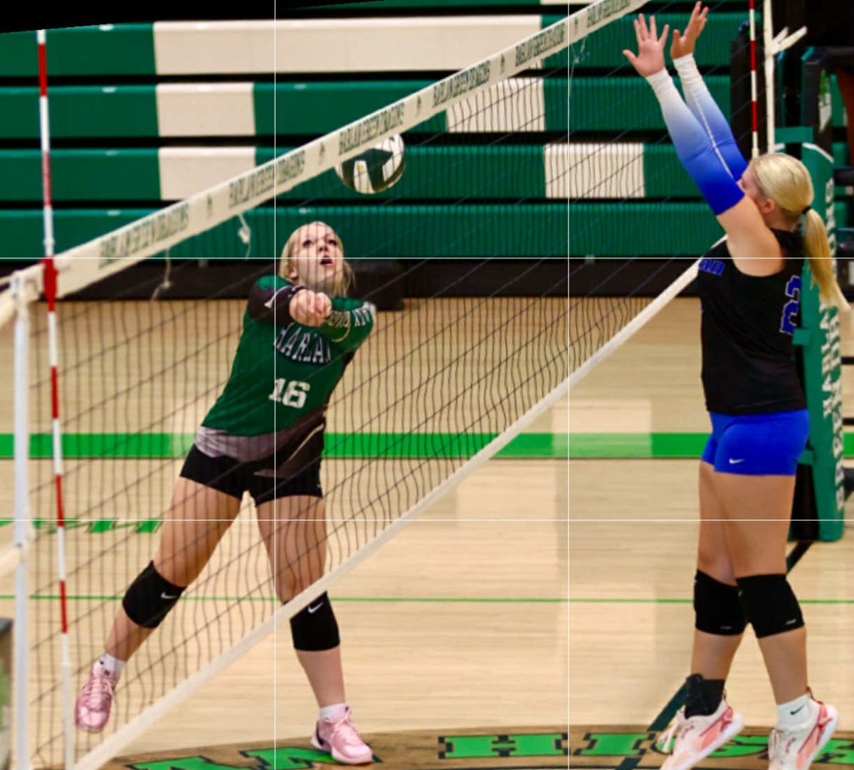 Harlan's Cheyenne Childers tapped the ball over the net during action Monday against June Buchanan. The Lady Dragons evened their record on the season with a five-set victory Tuesday at Oneida Baptist.