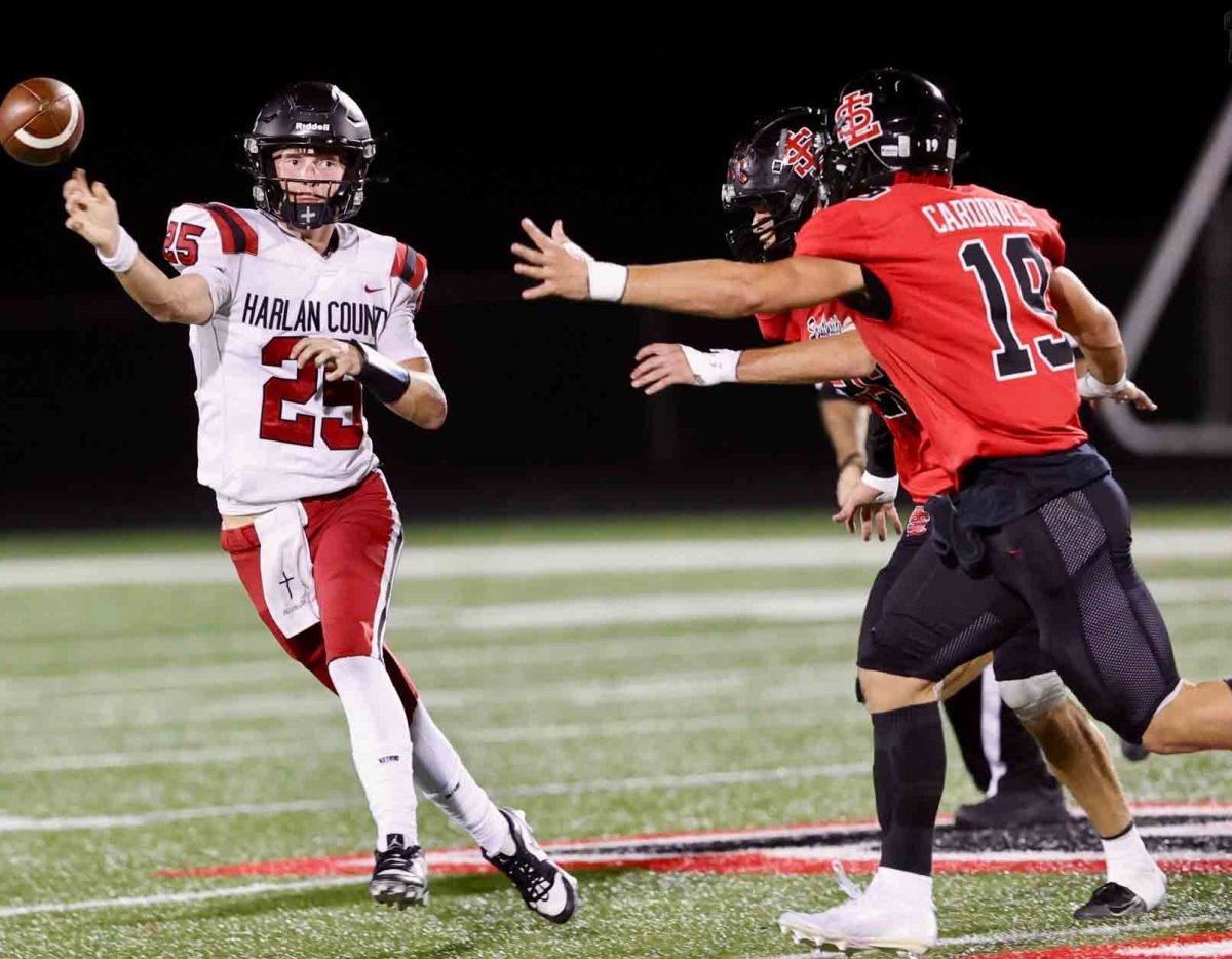 Harlan County quarterback Brayden Morris was under pressure during the Bears' 49-0 loss Friday at South Laurel.