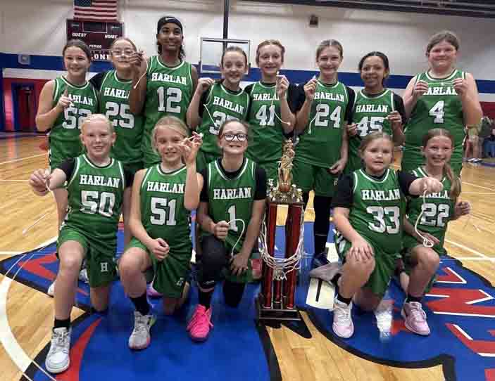 The Harlan Lady Dragons won the 13th Region Class A Tournament with victories over Middlesboro and Jackson County on Saturday in McKee. Team members include, from left, front row: Rebecca Adams, Hannah Adams, Kelsie Myers, Elly Thomas and Julianne Miller; back row: Blayne Brock, McKenzie Jarvis, Khloe Abner, Baylee Clark, Averi Jenkins, Lilly Daniels, Addison Sanford and Everly Fryer.