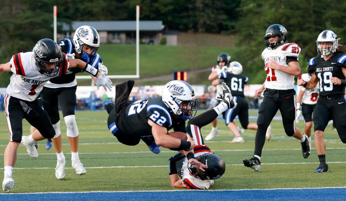 Bell County senior tailback Kaleb Miller sailed into the end zone for one of his two touchdowns Friday in the Bobcats’ 36-7 win over visiting Harlan County. Miller ran for 103 yards in only six carries as the Bobcats improved to 4-0 on the season.