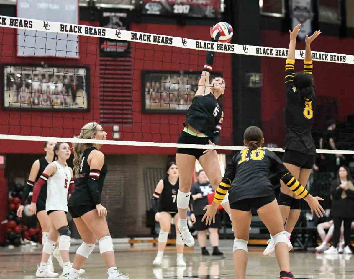 Harlan County’s Kalista Dunn went airborne for a point in the Lady Bears’ 25-6, 25-9, 25-17 win over visiting Middlesboro on Senior Night.