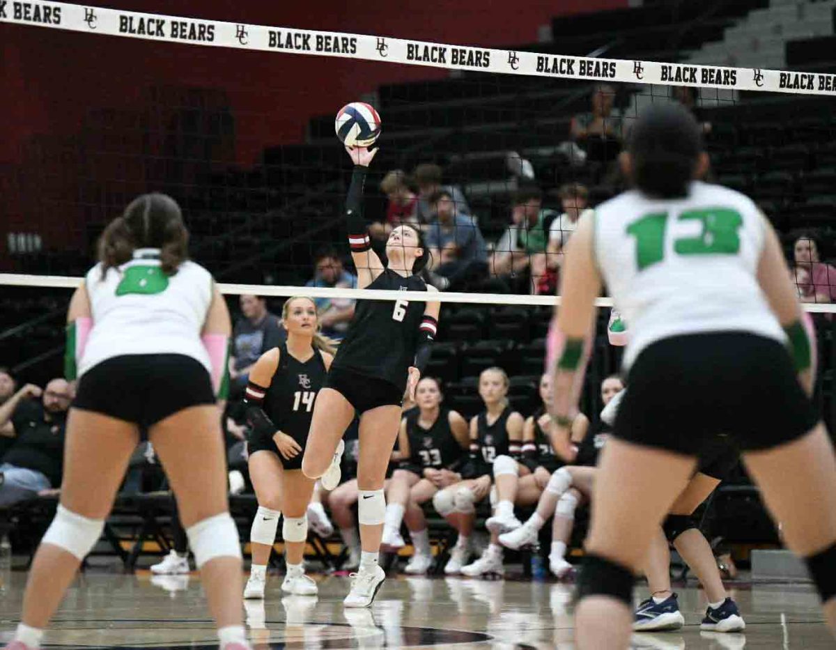 Harlan County senior Kalista Dunn finished off a point Thursday in the Lady Bears' three-set win over visiting Harlan.