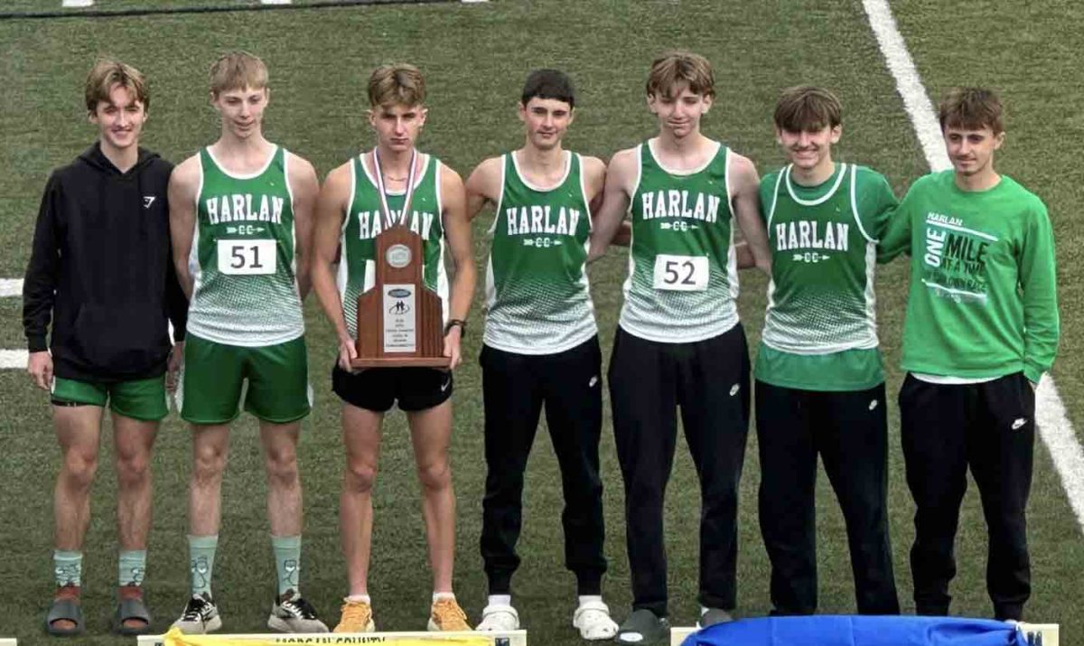 Harlan placed second, behind only Somerset, in the Class A, Region 6 race on Saturday at Morgan County. Team members include, from left, Cruz Galloway, Garrett Wilder, Tanner Daniels, Cooper Thomas, Gibson Wilder, Xavier Farley and Dalton Halcomb.