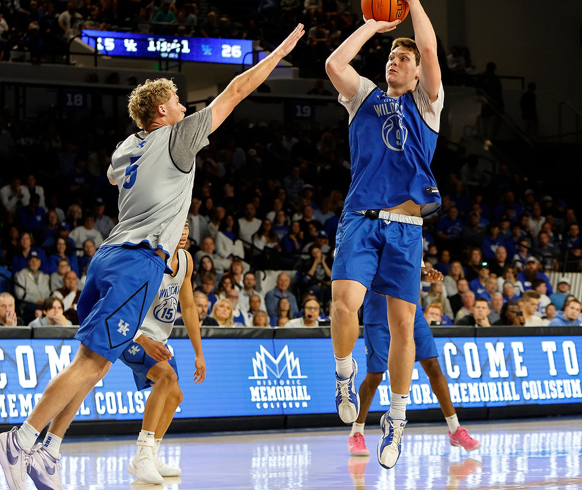 University of Kentucky sophomore forward Trent Noah, a 2024 Harlan County graduate, put up a shot in the Blue-White Game on Friday. The Cats will play their exhibition opener against No. 1-ranked Purdue in Rupp Arena on Oct. 24, with another preseason scrimmage against Georgetown University on Oct. 30 before the regular-season opener Nov. 4 against Nicholls.