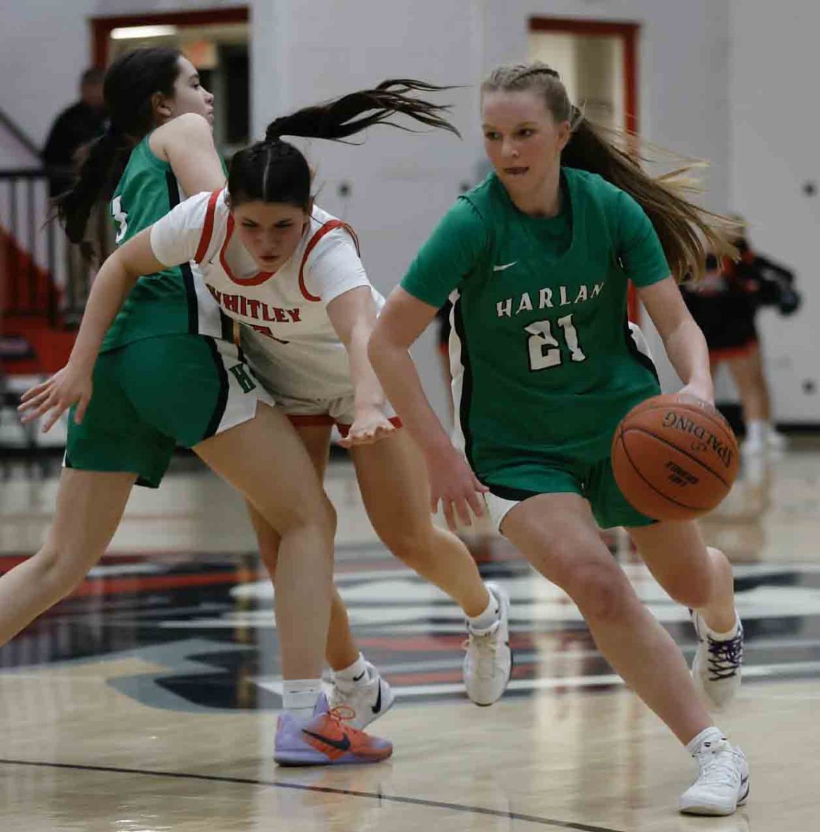 Harlan senior guard Cheyenne Rhymer heads to the basket in Monday's game at Whitley County. Rhymer led the Lady Dragons with 17 points in a 75-55 loss.