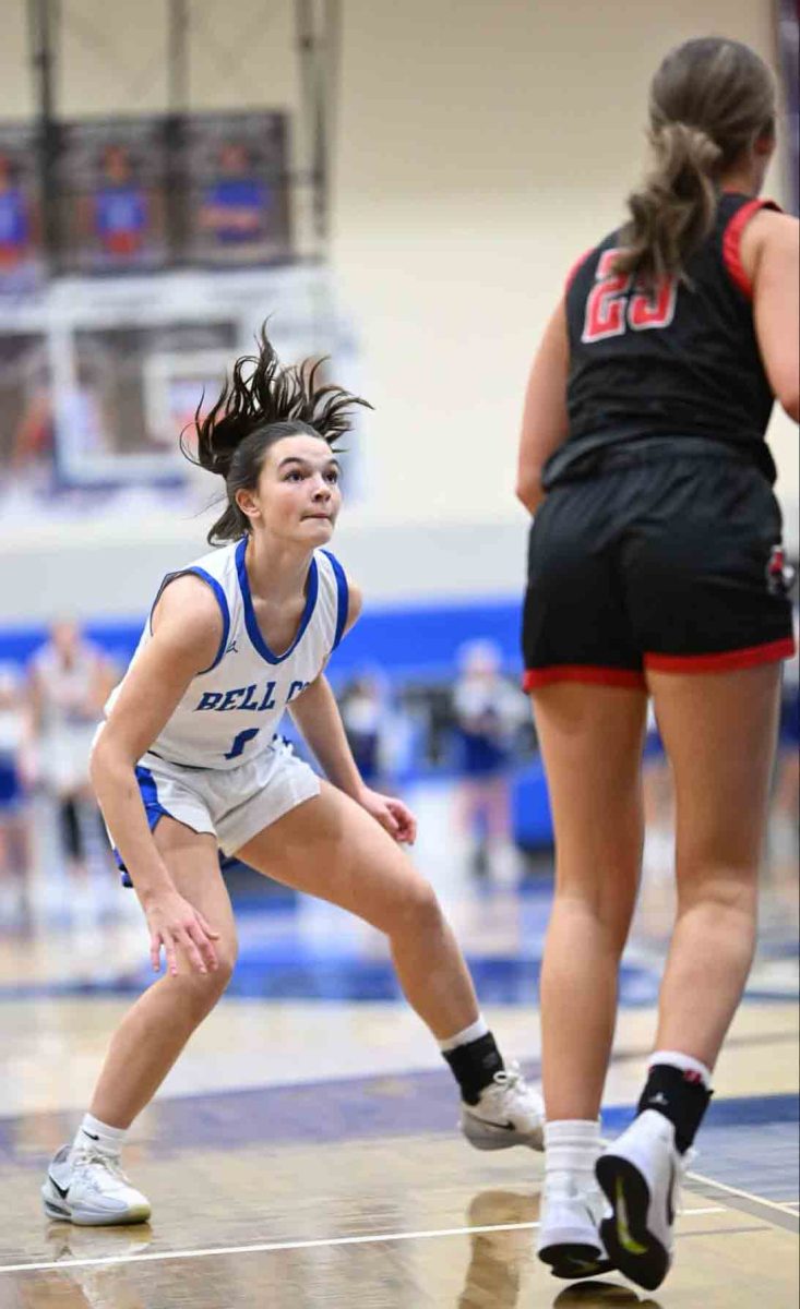 Bell County eighth grader Brylee Redmond worked on defense in action from the 2A Section 7 Tournament on Monday. The Lady Cats limited Whitley County to four points in the second half on the way to a 57-29 win.