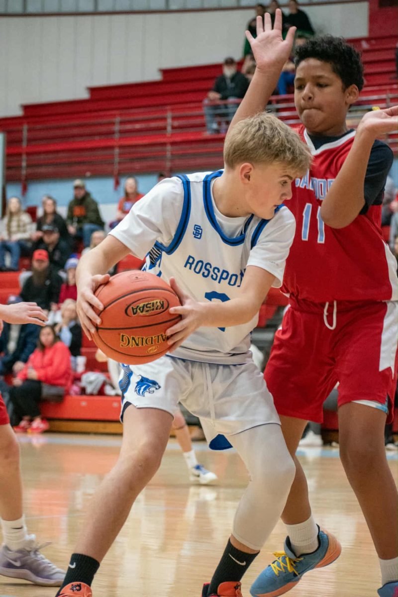 Rosspoint center Braison Fox worked inside against Cawood's Will Cook for a shot in semifinal action Thursday from the fifth- and sixth-grade county tournament.