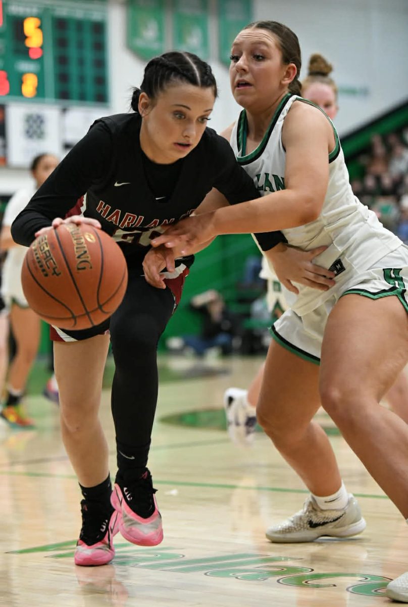 Harlan County's Kylee Runions and Harlan's Addison Campbell battled in Friday's district matchup. Runions scored nine points in the Lady Bears' 61-46 victory.