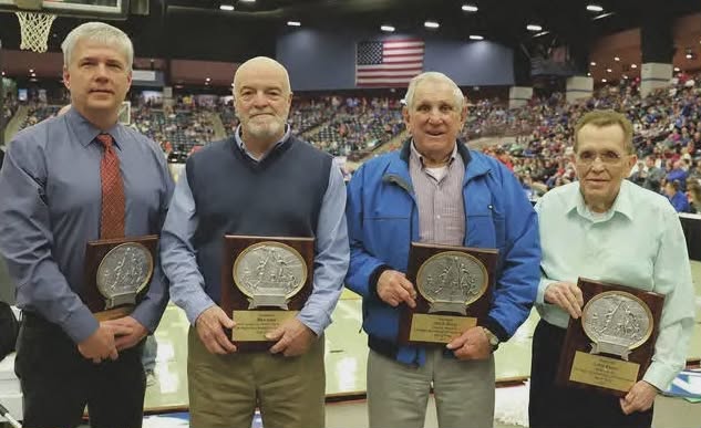 John Henson, Mike Jones, John D. Wilson and Luther Blanton are pictured during the 2021 13th Region Basketball Hall of Fame ceremony The Corbin Arena.