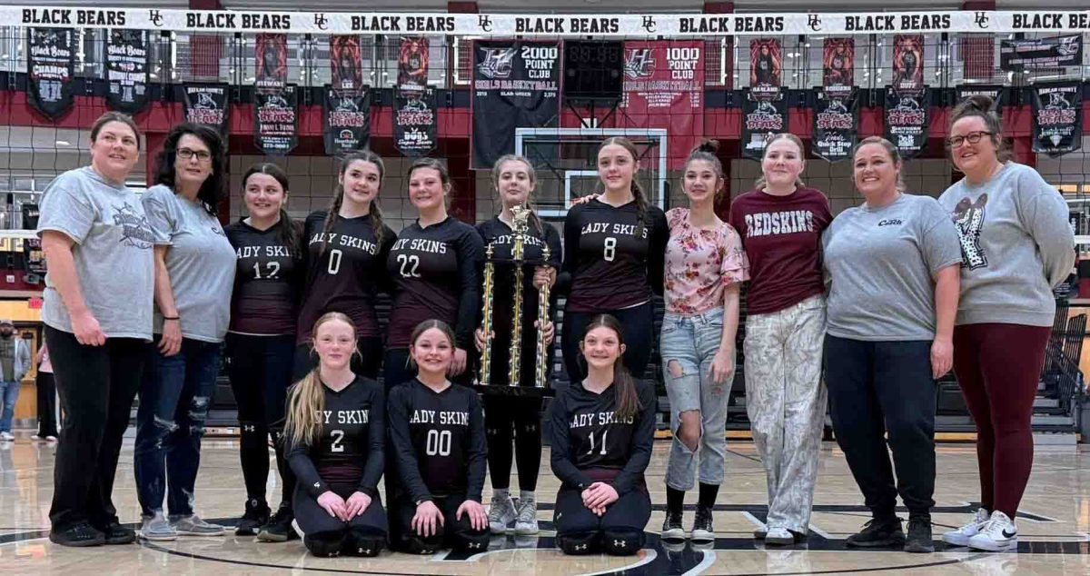 The Cumberland Lady Skins defeated Cawood in the semifinals and Wallins in the championship to win the county middle school volleyball title on March 14 at Harlan County High School. Team members include, from left, front row: Sabrina Cornett, Harper Blair and Natalie Pendleton; back row: assistant coach Beth Eldridge, coach Nicole Eversole, Kaylie White, Karlee Hubbard, Isabella Pendleton, Unique York, Lilly Blair, Liviana Walker, Laila Welch, assistant coach Colleen Pendleton and assistant coach Leanne Blair.
