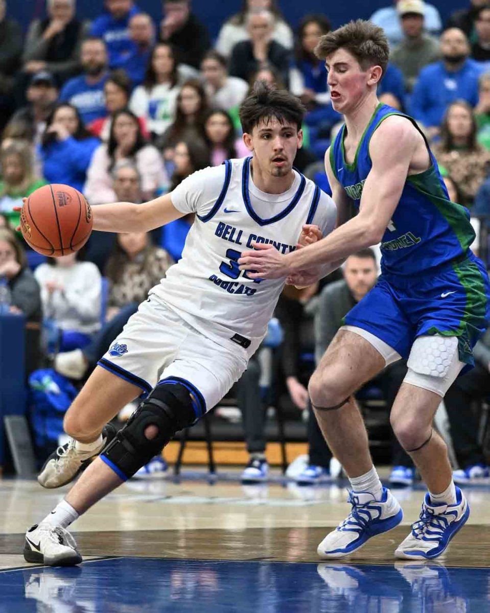 Bell County's Ethan Buell, a forward in the Class of 2027, is one of the 13th Region's top players and a big reason why the Bobcats will again be among the favorites next season. Burnett is pictured working against North Laurel's Corey Cunagin the regional finals. The two teams will likely be the regional favorites again next season.