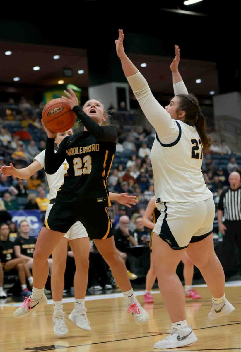 Middlesboro guard Millie Roberts went up for two of her 15 points Monday as the Lady Jackets fell 63-51 to Knox Central.