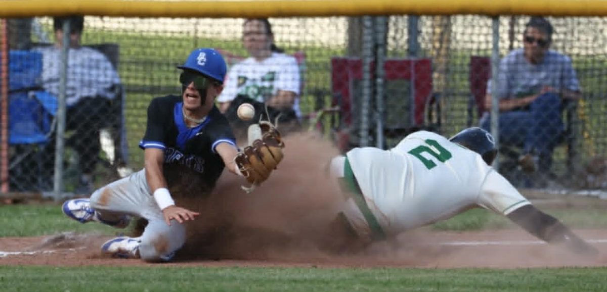Bell County third baseman Dalton Black took the throw as Harlan’s Eli Freyer slid during Monday’s district clash. Freyer led the Dragons with two doubles and a single in an 8-3 loss.