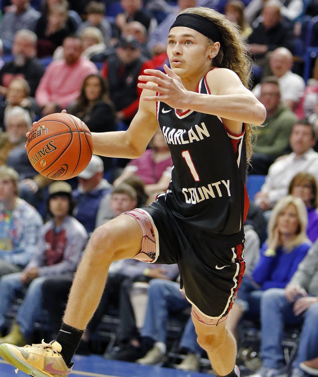 Harlan County's Reggie Cottrell worked to the basket in the 2024 state championship game against Lyon County.