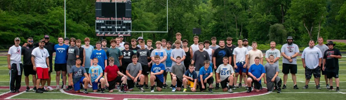 Linemen who participated in the Don't Hyde Academy Camp on Saturday are pictured at the end of activities Saturday at Coal Miners Memorial Stadium.

