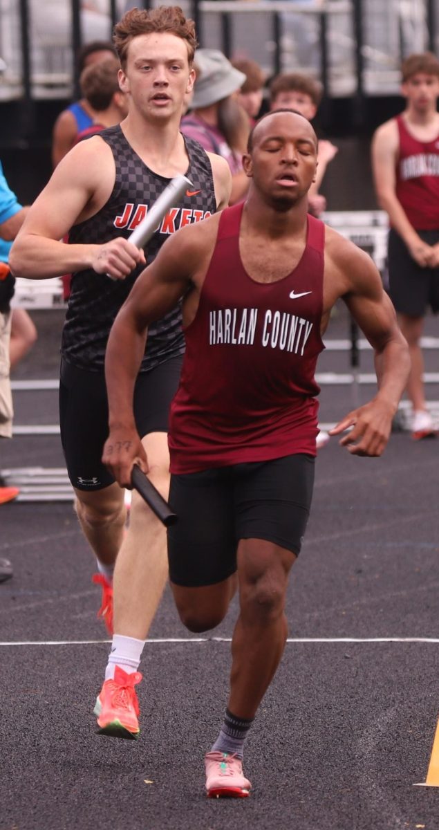 Harlan County senior Jacob Schwenke was part of the winning 4 x 400 relay team in a meet last week at Leslie County.