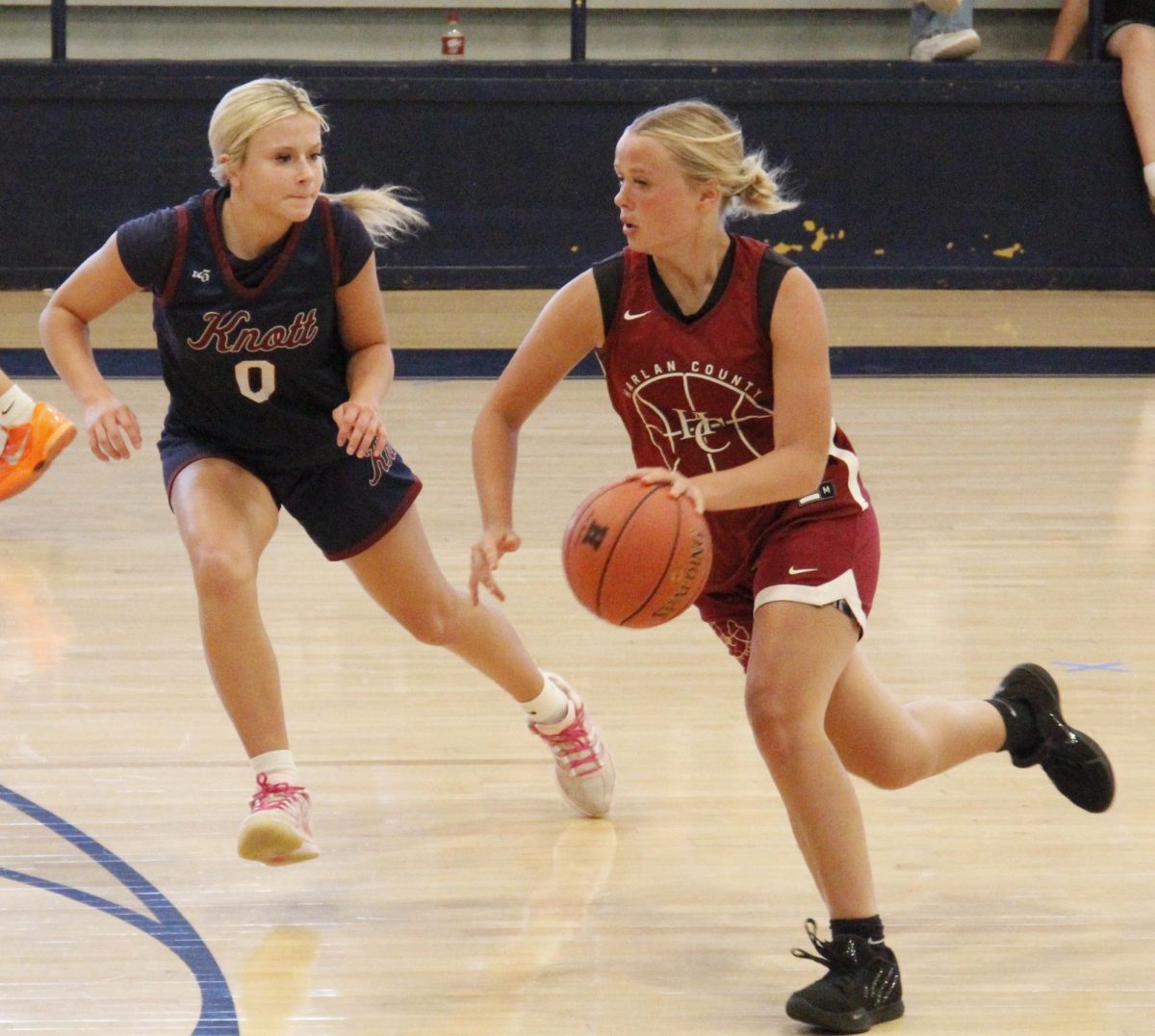 Harlan County guard Taylynn Napier worked against Knott Central's Frankie Reed in scrimmage action Tuesday at Memorial Gym in Hazard. Napier scored five points in the Lady Bears' 39-25 loss.